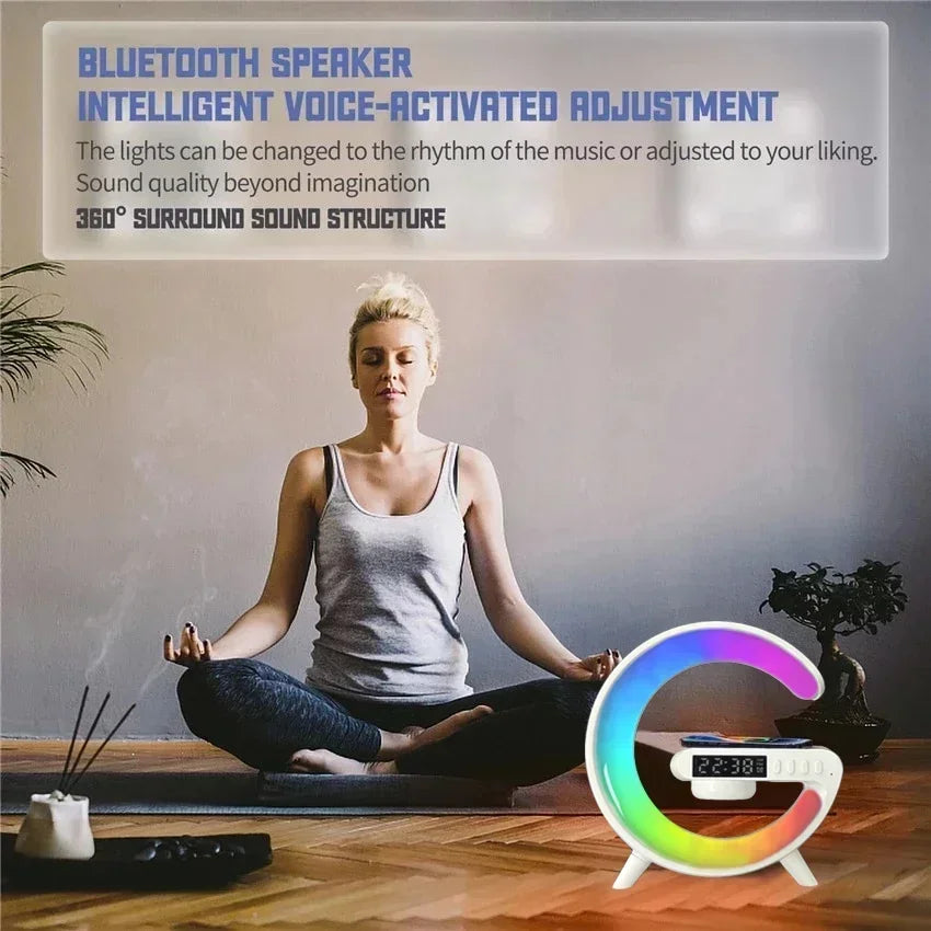 G-Shape RGB Wireless Charger with Alarm Clock, Speaker & Night Light