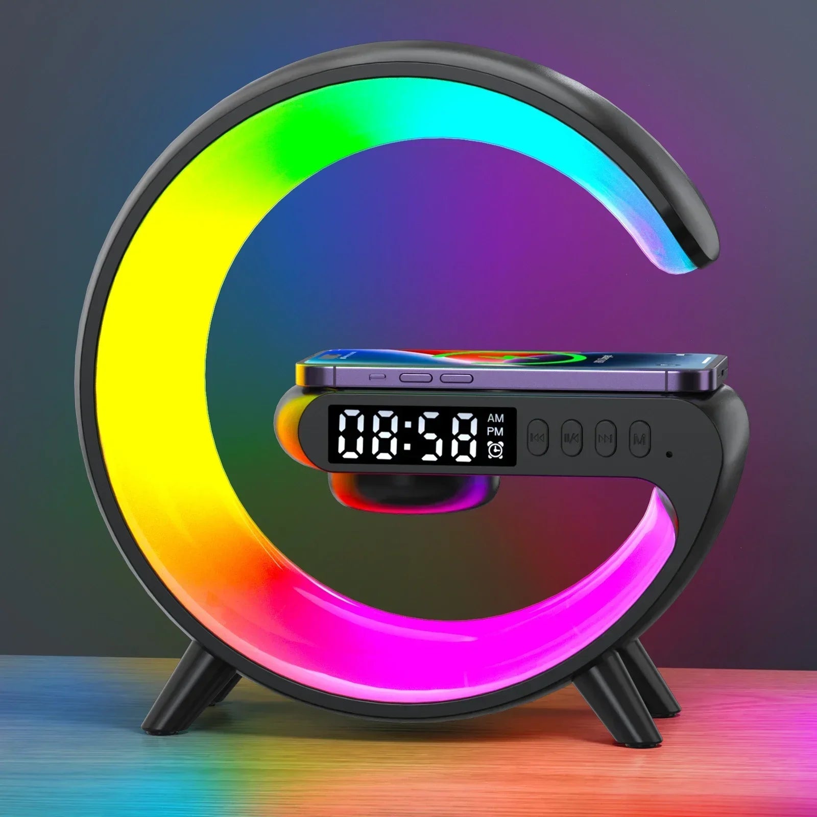 G-Shape RGB Wireless Charger with Alarm Clock, Speaker & Night Light