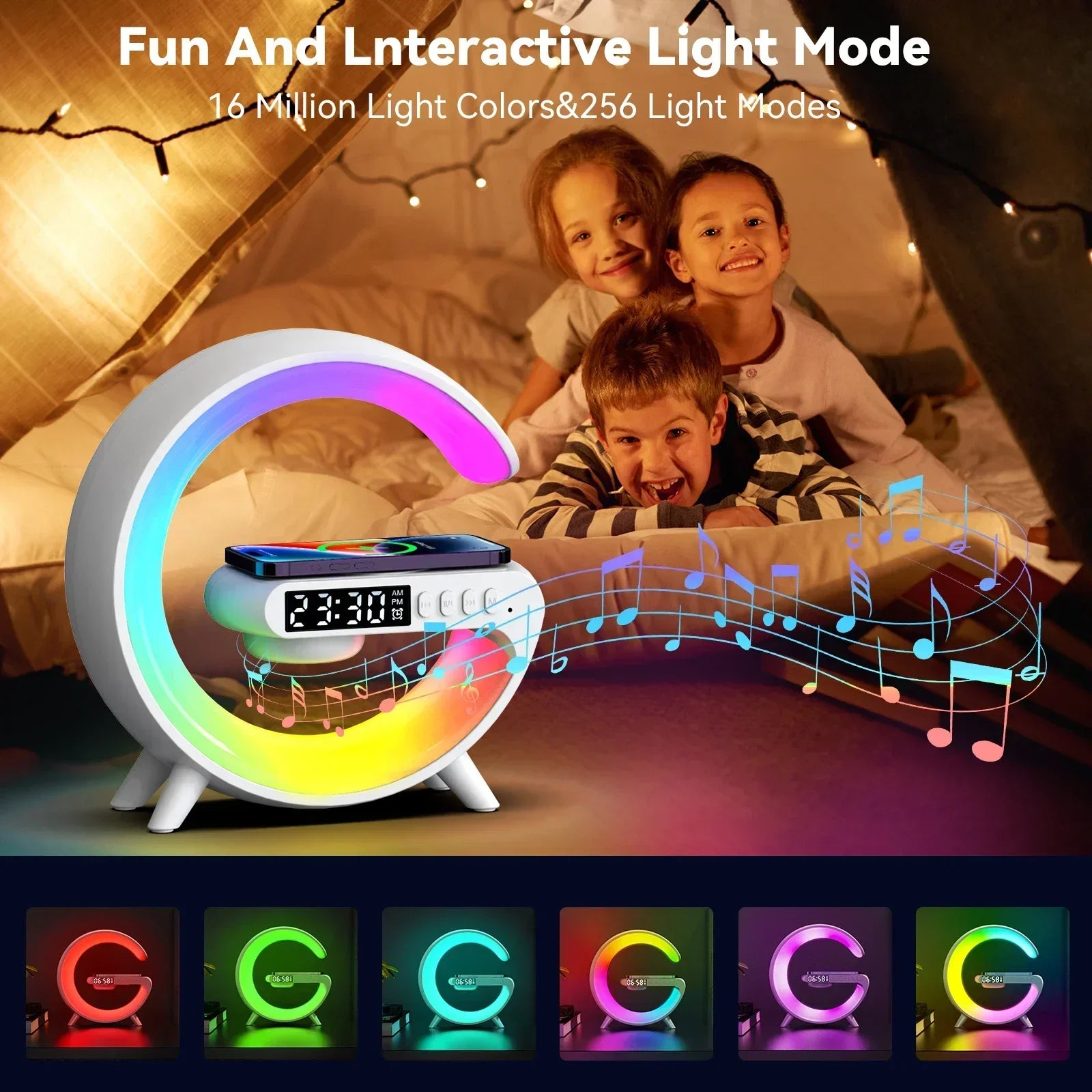 G-Shape RGB Wireless Charger with Alarm Clock, Speaker & Night Light