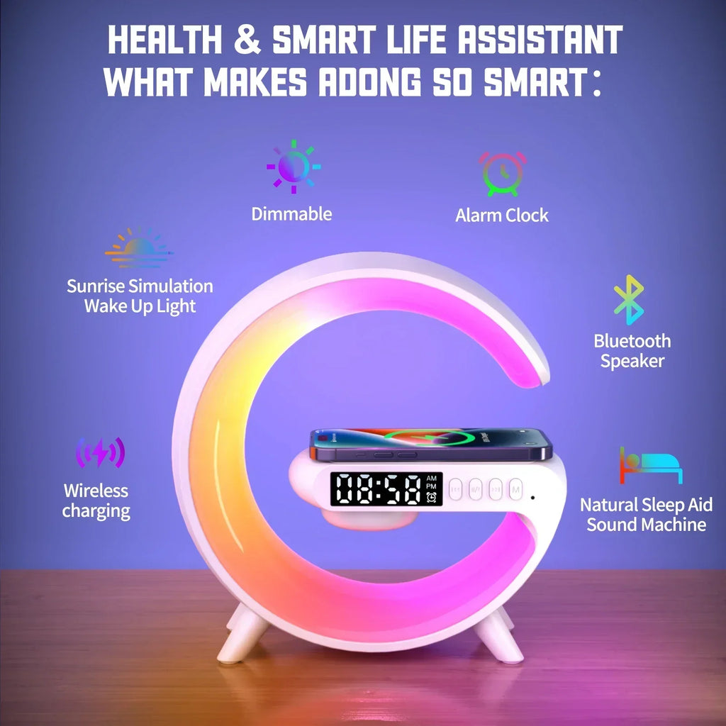 G-Shape RGB Wireless Charger with Alarm Clock, Speaker & Night Light