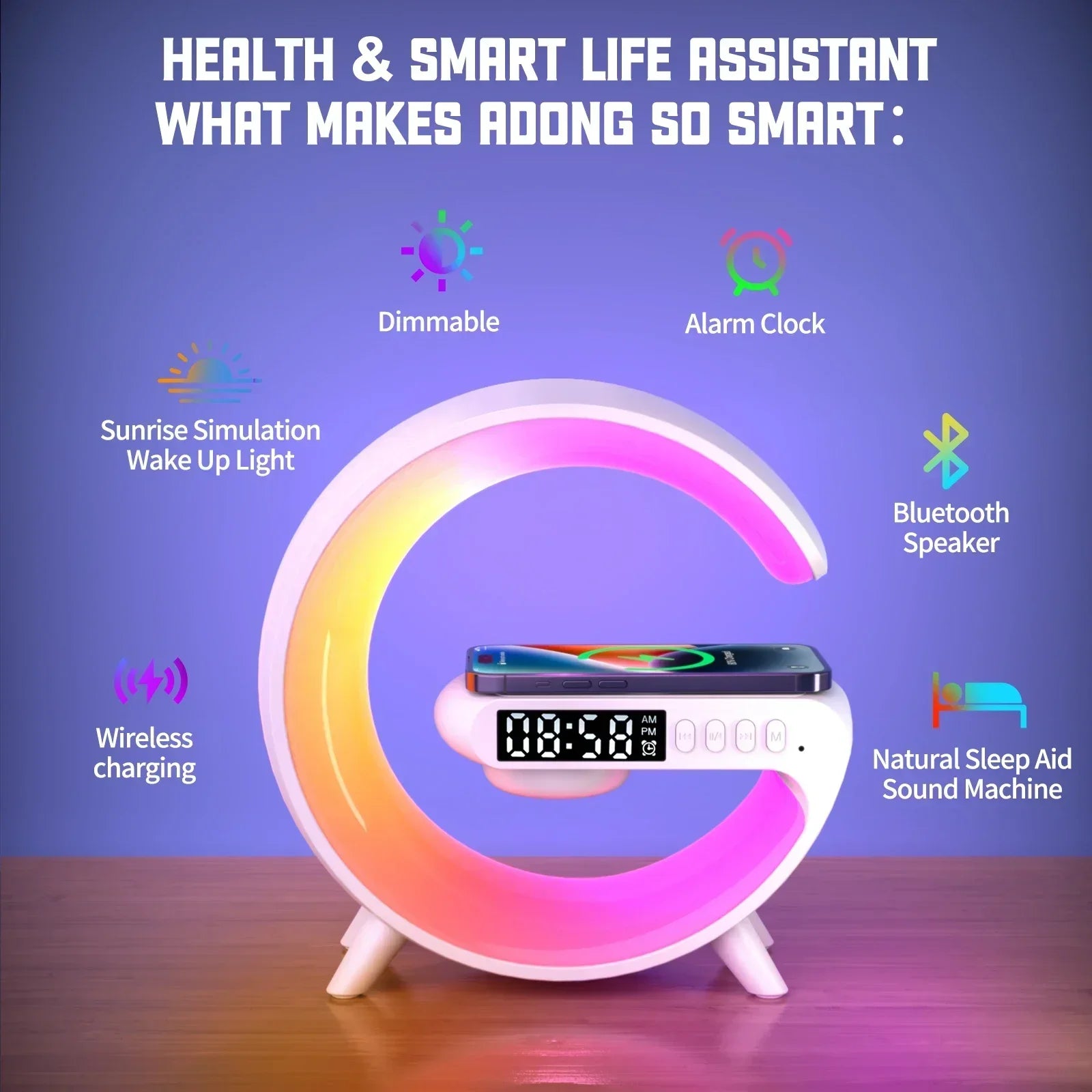 G-Shape RGB Wireless Charger with Alarm Clock, Speaker & Night Light